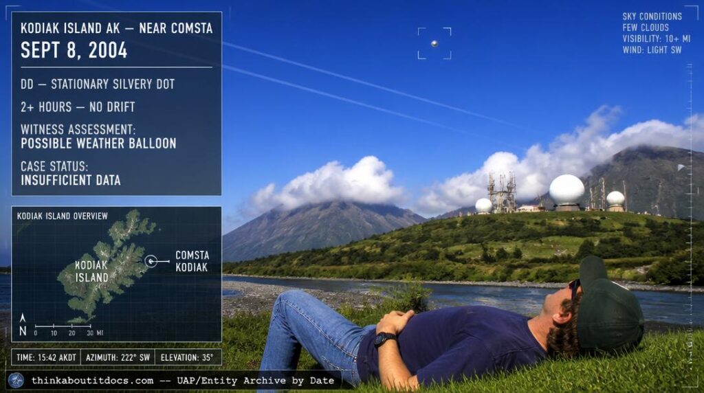Intelligence dossier illustration of the September 8 2004 Kodiak Island Alaska sighting showing a man lying beside a river looking up at a clear sky where a tiny silvery dot maintains a fixed position above drifting contrails near USCG COMSTA with HUD overlay marking the case as DD Insufficient Data