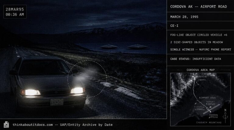 Intelligence dossier illustration of the March 28 1995 Cordova Alaska sighting showing a car on a dark road near the airport with a fog-like mass hovering over the fender and two disc-shaped objects sitting in a nearby meadow with HUD overlay marking the case as CE-I Insufficient Data