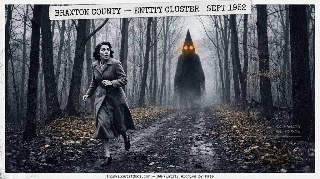 Dossier-style reconstruction of a woman on a wooded Appalachian ridge path near Sutton West Virginia confronting a massive pointy-headed entity with glowing orange eyes in the September 1952 dusk