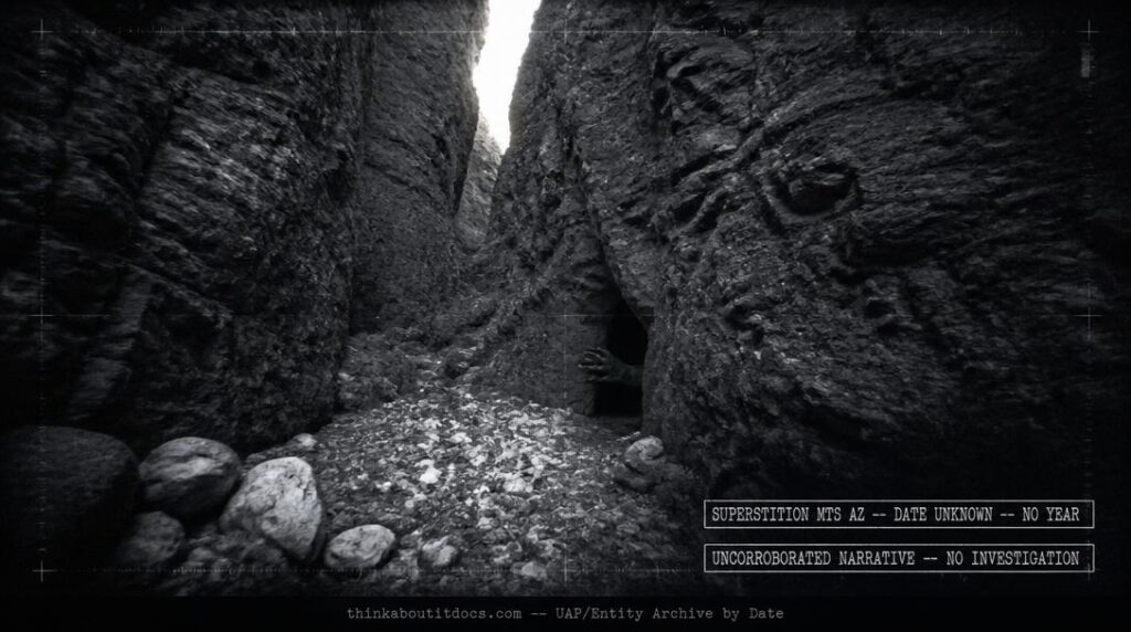 Dossier-style reconstruction of the undated Superstition Mountains reptilian encounter showing a narrow slot canyon with a small cave opening and a green clawed hand gripping the rock edge at the threshold