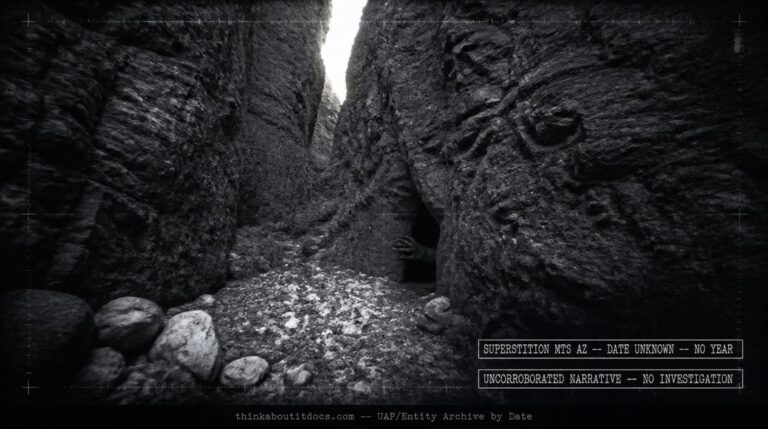 Dossier-style reconstruction of the undated Superstition Mountains reptilian encounter showing a narrow slot canyon with a small cave opening and a green clawed hand gripping the rock edge at the threshold