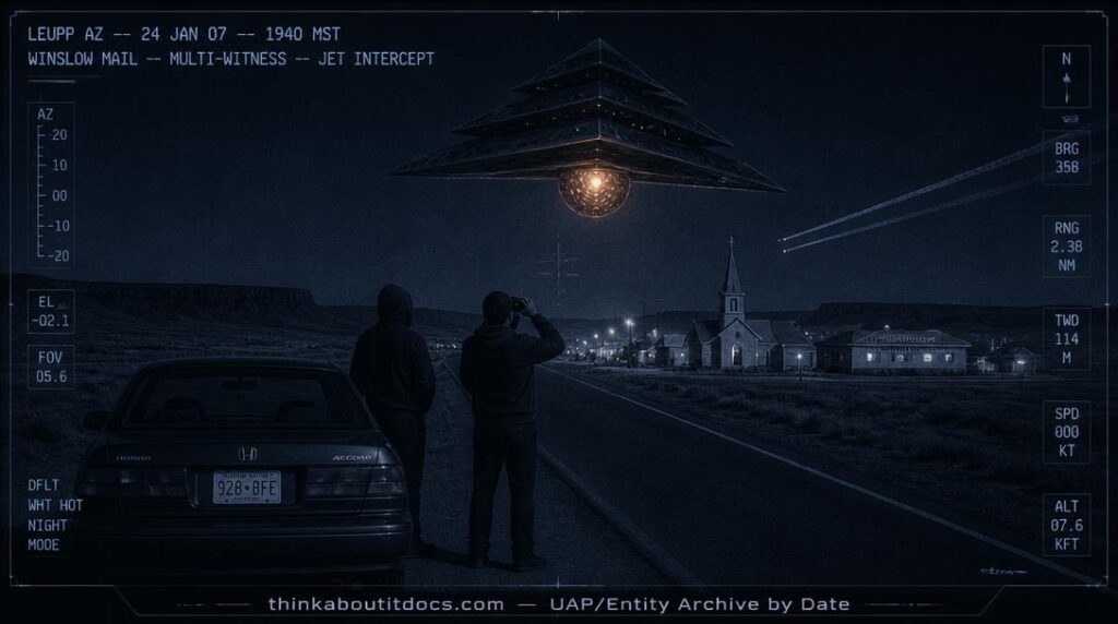 Dossier-style reconstruction of the January 24 2007 Leupp Arizona triangle UFO showing a tiered triangular craft with pulsating sphere above Navajo Nation buildings with jet contrails and two witnesses with night vision goggles beside a Honda Accord