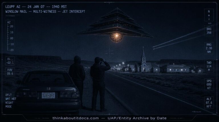 Dossier-style reconstruction of the January 24 2007 Leupp Arizona triangle UFO showing a tiered triangular craft with pulsating sphere above Navajo Nation buildings with jet contrails and two witnesses with night vision goggles beside a Honda Accord