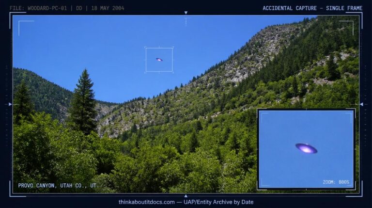 Reconstruction of the May 2004 Provo Canyon UFO photograph showing a small purple-glowing disc above the tree line in a daytime canyon landscape with an enlarged inset detail.