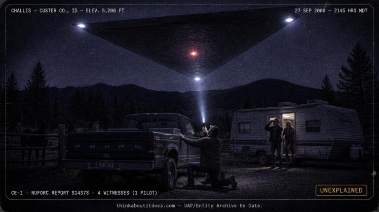 Dossier-style reconstruction of the September 27 2000 Challis Idaho triangle CE-I showing an immense dark triangular object with white corner lights and a red center strobe filling the sky directly above a mountain campsite as a hunter kneels in shock beside his truck with flashlight angled upward and two more hunters emerge from a camper with binoculars in the Salmon River Mountains at night