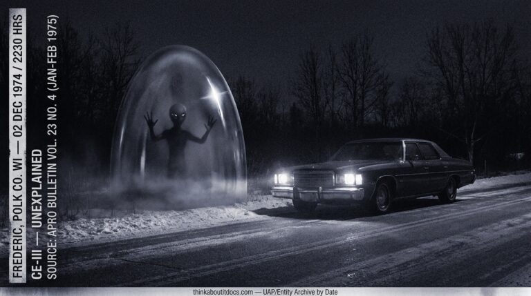 Dossier-style Tri-X night reconstruction of William Bosak's car stopped on a foggy rural Wisconsin road with headlights illuminating a bullet-topped transparent dome containing a humanoid figure with large protruding eyes and raised arms near Frederic Polk County December 1974