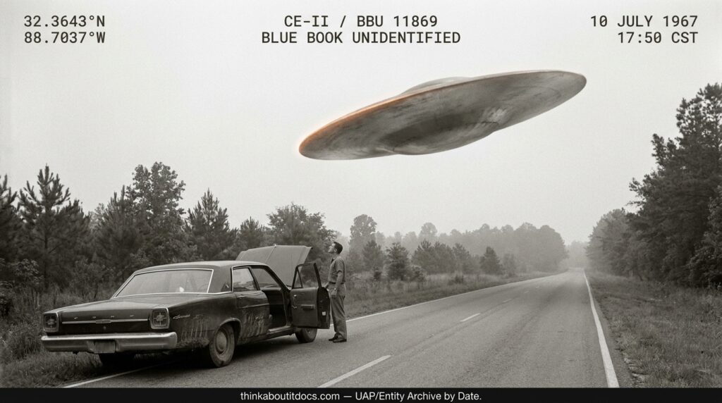 Reconstruction of Philip Lanning's July 10, 1967, close encounter south of Meridian, Mississippi, showing a house-sized cymbal-shaped craft passing over his stalled vehicle at 300 feet altitude.
