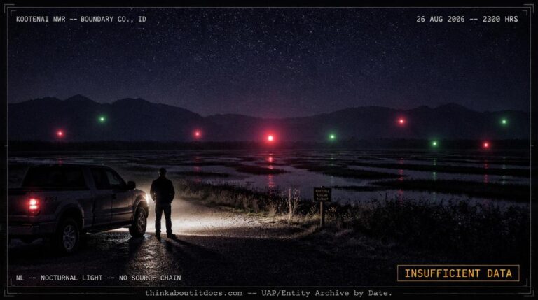 Dossier-style reconstruction of the August 26 2006 Bonners Ferry Idaho nocturnal light sighting showing eight colored luminous orbs four red and four green hovering and drifting over the dark flat marshland of the Kootenai Wildlife Refuge at night with their reflections shimmering on standing water as a man watches from a pickup truck at the roadside with the Selkirk Mountains dark in the background