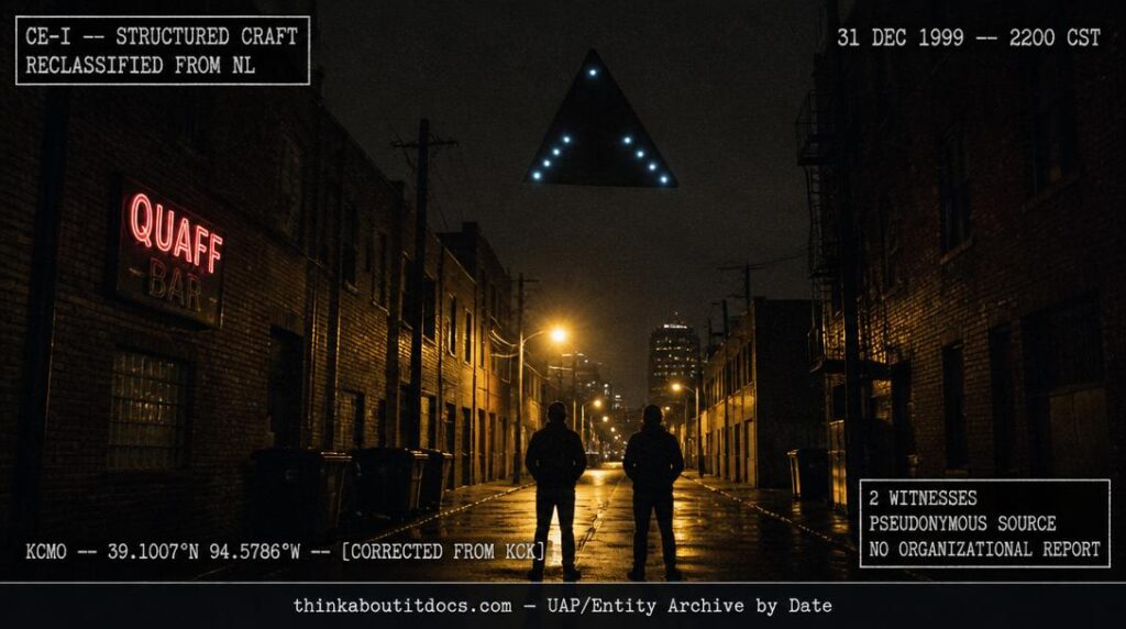 Dossier-style reconstruction of the December 31, 1999 Kansas City black triangle sighting showing a dark triangular craft with nine V-formation undersurface lights visible between brick building rooflines above a wet downtown alley with two silhouetted witnesses looking up and a neon bar sign visible at frame left with HUD classification reclassification stamps and geographic correction overlay