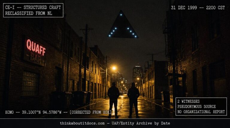 Dossier-style reconstruction of the December 31, 1999 Kansas City black triangle sighting showing a dark triangular craft with nine V-formation undersurface lights visible between brick building rooflines above a wet downtown alley with two silhouetted witnesses looking up and a neon bar sign visible at frame left with HUD classification reclassification stamps and geographic correction overlay