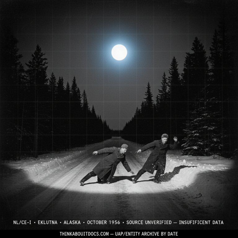 Silver gelatin halftone dossier illustration of the October 1936 Eklutna Alaska UFO sighting showing two men in heavy winter coats diving simultaneously into a roadside snowbank as a single intense cold white light hovers directly above them on a dark spruce-lined rural dirt road with a HUD overlay noting the case as source-unverified and Insufficient Data.