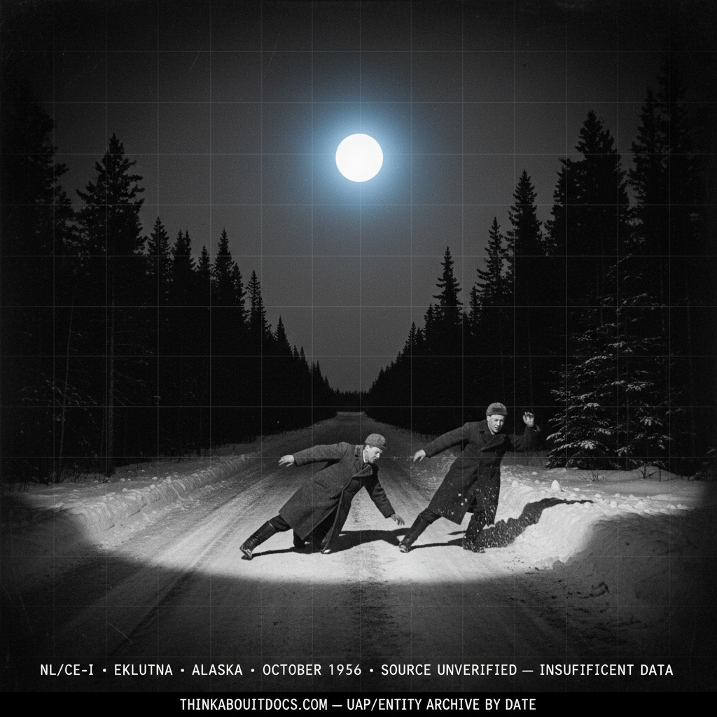Silver gelatin halftone dossier illustration of the October 1936 Eklutna Alaska UFO sighting showing two men in heavy winter coats diving simultaneously into a roadside snowbank as a single intense cold white light hovers directly above them on a dark spruce-lined rural dirt road with a HUD overlay noting the case as source-unverified and Insufficient Data.