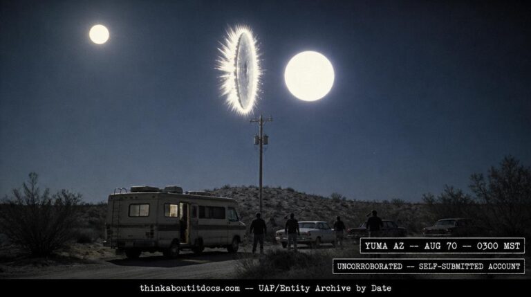 Dossier-style reconstruction of the August 1970 Yuma Arizona UFO sighting showing two metallic discs transforming into luminous orbs above a family convoy parked on a desert road under a full moon