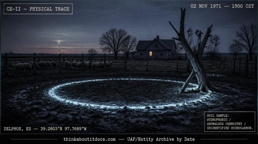 Dossier-style reconstruction of the November 2, 1971 Delphos Kansas UFO landing ring site showing a faintly luminescent pale circular ground trace on dark muddy farmyard soil with a broken dead elm tree at the ring edge, sheep pen in mid-ground, and Kansas farmhouse silhouette at dusk with HUD classification stamps and evidence tagging overlay