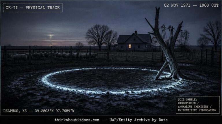 Dossier-style reconstruction of the November 2, 1971 Delphos Kansas UFO landing ring site showing a faintly luminescent pale circular ground trace on dark muddy farmyard soil with a broken dead elm tree at the ring edge, sheep pen in mid-ground, and Kansas farmhouse silhouette at dusk with HUD classification stamps and evidence tagging overlay
