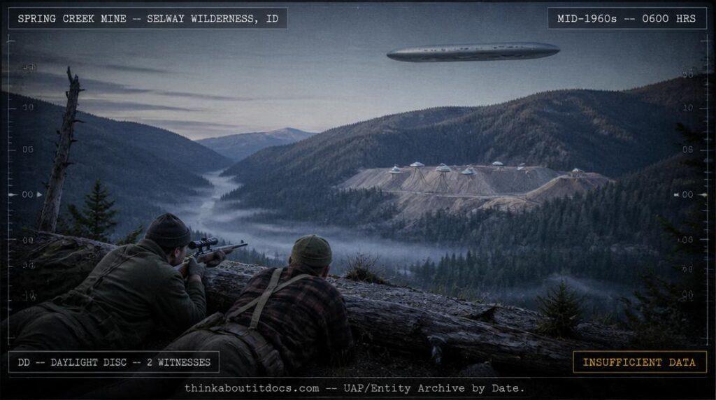 Dossier-style reconstruction of the mid-1960s Spring Creek Ridge Idaho mining UFOs sighting showing four silvery disc-shaped objects with hose-like appendages extending into mine slag piles in a Selway Wilderness valley while a cigar-shaped mothership hovers at 1000 feet overhead as two hunters observe through rifle scopes from a bluff across the valley at dawn