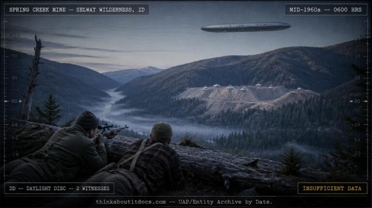 Dossier-style reconstruction of the mid-1960s Spring Creek Ridge Idaho mining UFOs sighting showing four silvery disc-shaped objects with hose-like appendages extending into mine slag piles in a Selway Wilderness valley while a cigar-shaped mothership hovers at 1000 feet overhead as two hunters observe through rifle scopes from a bluff across the valley at dawn