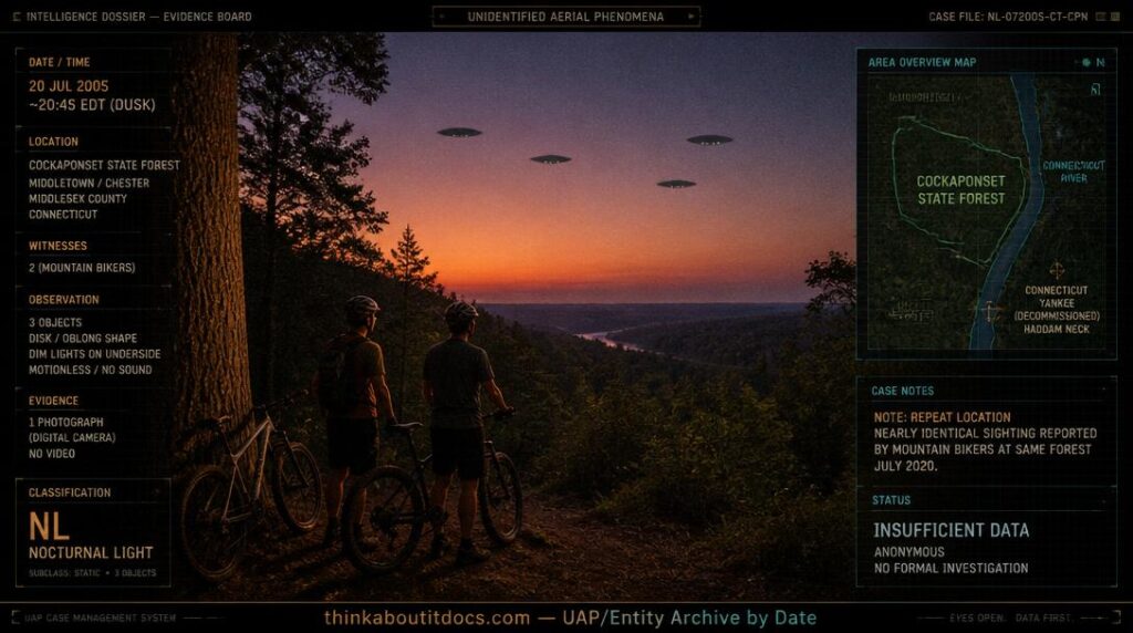 Intelligence-dossier reconstruction of the July 20 2005 Cockaponset State Forest Connecticut sighting showing three dark oblong objects with faint underside lights hovering motionless above the forest canopy at dusk as two mountain bikers stand beside their bikes at a trail overlook looking up toward the Connecticut River valley