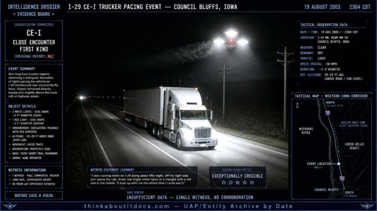 Intelligence-dossier reconstruction of the August 19 2003 Council Bluffs Iowa I-29 CE-I showing three brilliant white disc-shaped lights in an equilateral triangle with a red center light hovering 20 feet above the interstate immediately beside an 18-wheeler truck cab casting intense halogen-quality illumination on the road surface with a faint smoky wake trailing behind against a dark Iowa night
