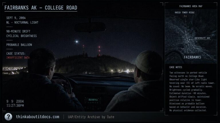 Intelligence dossier illustration of the September 9 2004 Fairbanks Alaska sighting showing two people in a parked car on College Road watching a star-like light with crystalline glow near radio towers on the ridge with HUD overlay marking the case as NL Insufficient Data