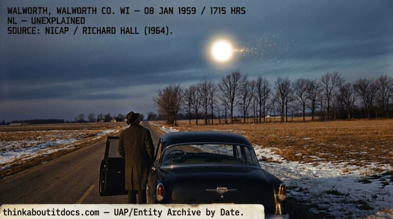 Dossier-style Kodachrome reconstruction of Gordon Higgins standing beside his stopped sedan on a rural Wisconsin road at dusk watching a brilliant white round object above the tree line trailing sparks during horizontal departure January 1959