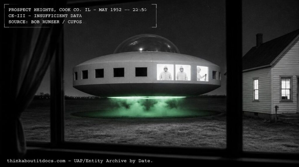 Dossier-style reconstruction of the May 1952 Prospect Heights Illinois CE-III showing a luminous white disc with square windows hovering over a vacant lot viewed through a darkened room window with three hooded figures in parka coveralls visible operating levers in the illuminated windows and green glowing vapor beneath the craft
