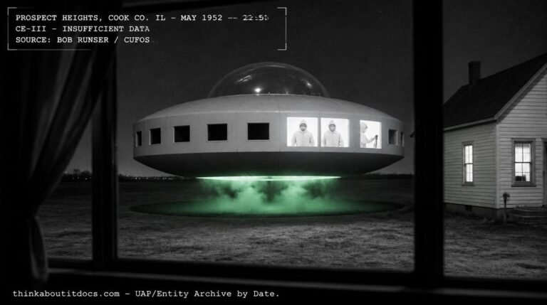 Dossier-style reconstruction of the May 1952 Prospect Heights Illinois CE-III showing a luminous white disc with square windows hovering over a vacant lot viewed through a darkened room window with three hooded figures in parka coveralls visible operating levers in the illuminated windows and green glowing vapor beneath the craft