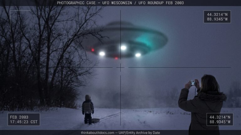 Dossier-style reconstruction of a disc-shaped UFO with bright white and red lights hovering above bare winter trees in Weyauwega Wisconsin February 2003 as a woman photographs it with a digital camera from snow-covered ground below