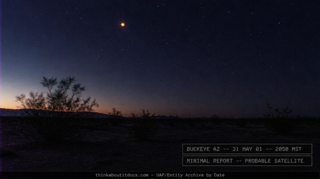 Dossier-style reconstruction of the May 31 2001 Buckeye Arizona orange object sighting showing a bright orange point of light in the south-southwest sky over flat desert terrain at dusk