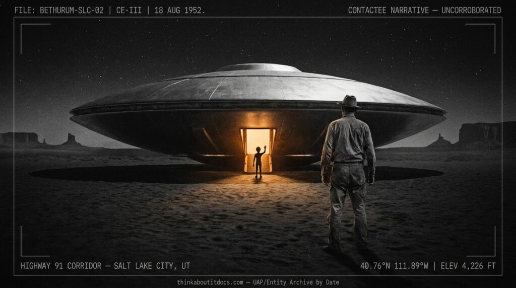 Reconstruction of Truman Bethurum's second 1952 encounter near Salt Lake City showing a female figure silhouetted in the amber-lit doorway of a grounded disc-shaped craft with a man in work clothes approaching across desert terrain.