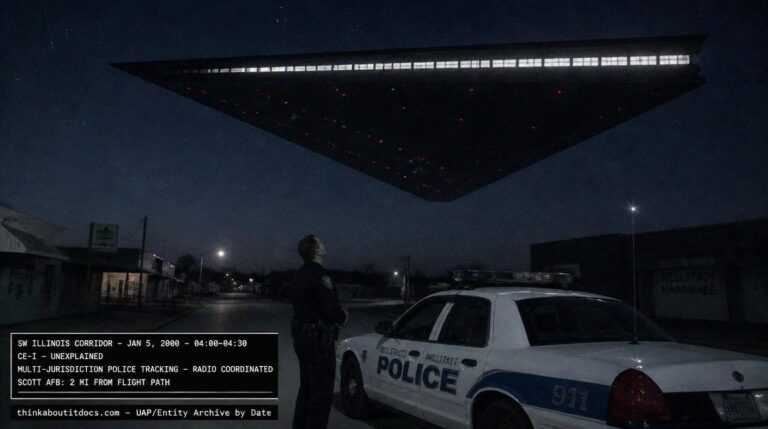 Dossier-style reconstruction of the January 5 2000 Illinois Triangle showing a massive dark triangular craft with two rows of bright rectangular windows and dim red underside lights hovering above a small-town street while a uniformed police officer stands beside his cruiser looking up in the predawn darkness