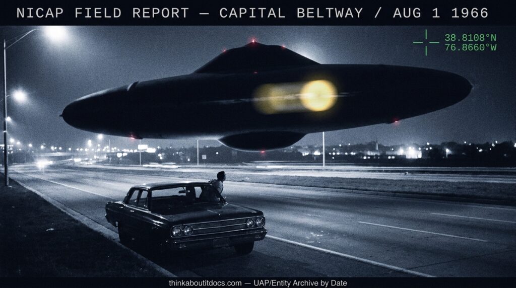 Dossier-style reconstruction of a large oblong submarine-shaped UFO with a revolving yellow eye hovering beside the Capital Beltway near Andrews AFB at night August 1 1966 as physicist Dr Uzunoglu observes from his stopped car