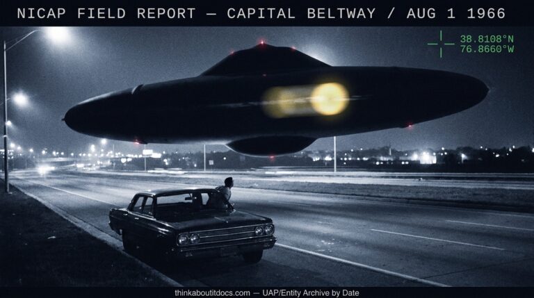Dossier-style reconstruction of a large oblong submarine-shaped UFO with a revolving yellow eye hovering beside the Capital Beltway near Andrews AFB at night August 1 1966 as physicist Dr Uzunoglu observes from his stopped car