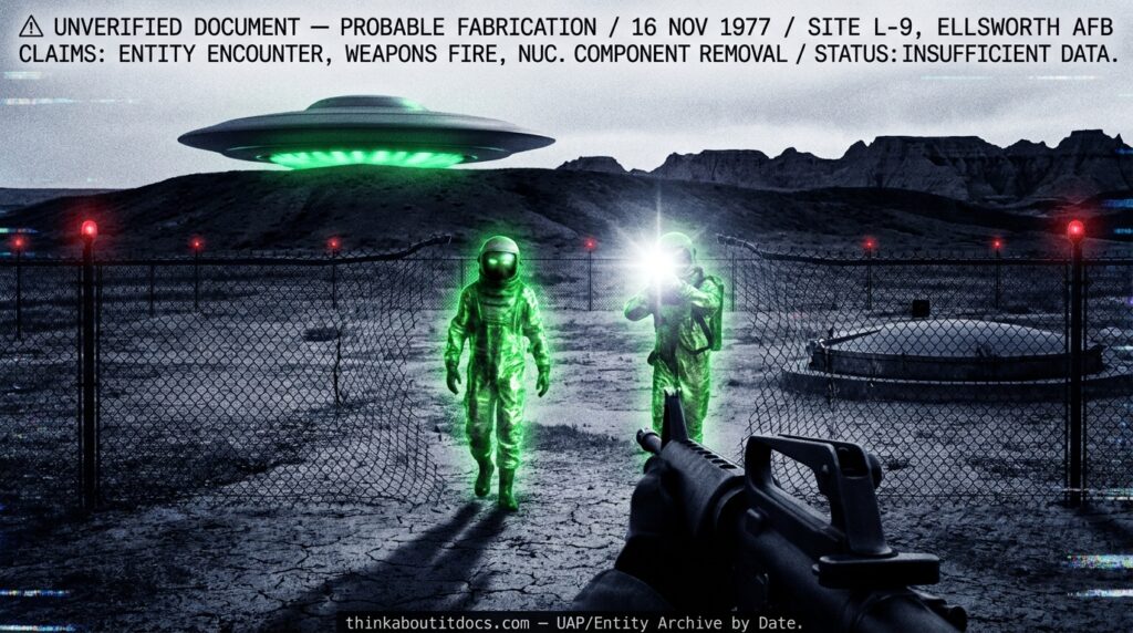 Dossier-style illustration of two glowing green-uniformed humanoid figures walking through a missile site fence at Ellsworth AFB, South Dakota, November 1977, with a saucer-shaped craft glowing behind a hill — marked as unverified and probable fabrication.