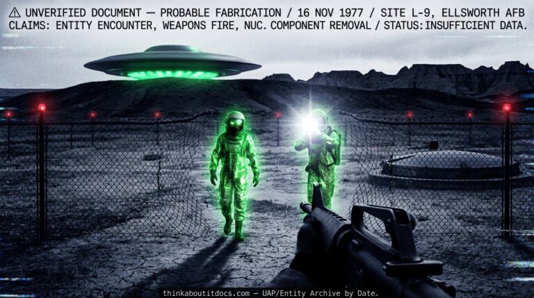 Dossier-style illustration of two glowing green-uniformed humanoid figures walking through a missile site fence at Ellsworth AFB, South Dakota, November 1977, with a saucer-shaped craft glowing behind a hill — marked as unverified and probable fabrication.
