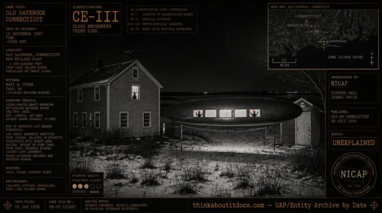 Intelligence-dossier reconstruction of the December 16 1957 Old Saybrook Connecticut CE-III sighting showing a dark gray cigar-shaped craft hovering five feet above the ground between a New England cottage and tool shed with brightly lit square portholes revealing short humanoid figures with reddish-orange squared heads walking inside while a clothesline establishes the craft shallow depth