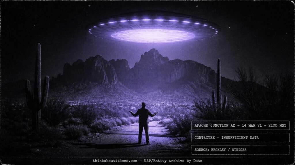 Dossier-style reconstruction of the Brian Scott 1971 abduction near Apache Junction Arizona showing a man standing beneath a glowing oval craft with purple underside light above the Superstition Mountains at night