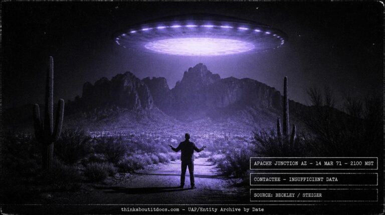 Dossier-style reconstruction of the Brian Scott 1971 abduction near Apache Junction Arizona showing a man standing beneath a glowing oval craft with purple underside light above the Superstition Mountains at night