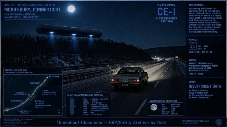 Intelligence-dossier reconstruction of the early March 1978 Middlebury Connecticut I-84 sighting showing a dark gray featureless 100-foot cylinder with three blue-lit portholes on its underside flying just above the treeline on the opposite side of a moonlit four-lane highway while a lone late-1970s sedan drives eastbound on the straightaway descent of Bucks Hill