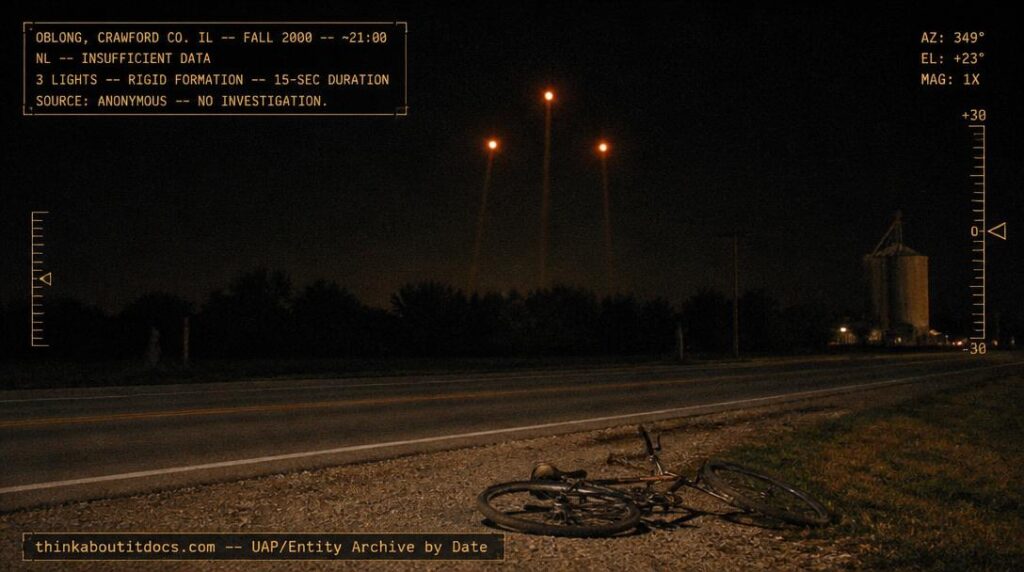 Dossier-style reconstruction of the fall 2000 Oblong Illinois NL sighting showing three orange lights in rigid equidistant formation above a dark tree line at the edge of a small rural town with a bicycle lying on the road shoulder in the foreground