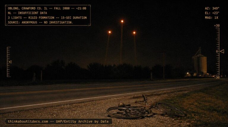 Dossier-style reconstruction of the fall 2000 Oblong Illinois NL sighting showing three orange lights in rigid equidistant formation above a dark tree line at the edge of a small rural town with a bicycle lying on the road shoulder in the foreground