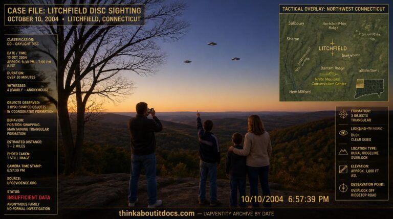 Intelligence-dossier reconstruction of the October 10 2004 Litchfield Connecticut dusk sighting showing three dark disc-shaped objects in loose triangular formation against a sunset sky above forested Connecticut hills as a family of four stands at a rocky ridge overlook with the father raising a camera