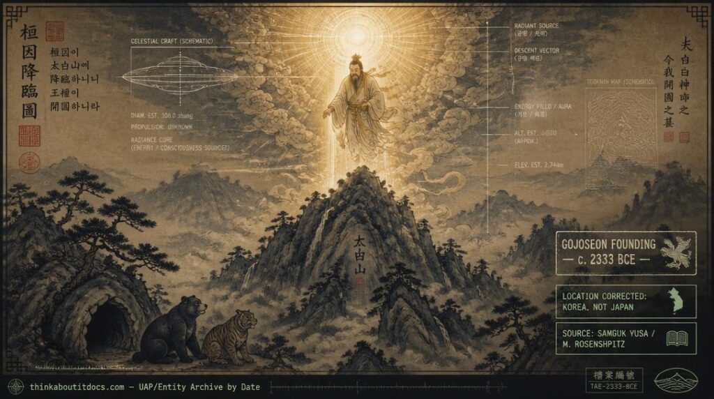 Illustration blending traditional Korean iconography of the Dangun/Hwanung founding myth with engineering-diagram overlays representing an ancient-astronaut reinterpretation of the story