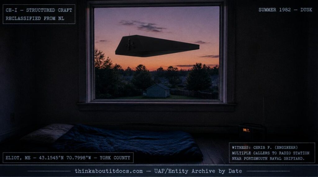 Dossier-style reconstruction of the summer 1982 Eliot Maine encounter showing a dull gun-metal black trapezoidal object hovering at second-story window height outside a bare curtainless bedroom window at dusk with a sleeping bag and transistor radio on the empty floor inside and amber-pink dusk sky framing the object's absolute blackness with HUD classification and witness credential stamps