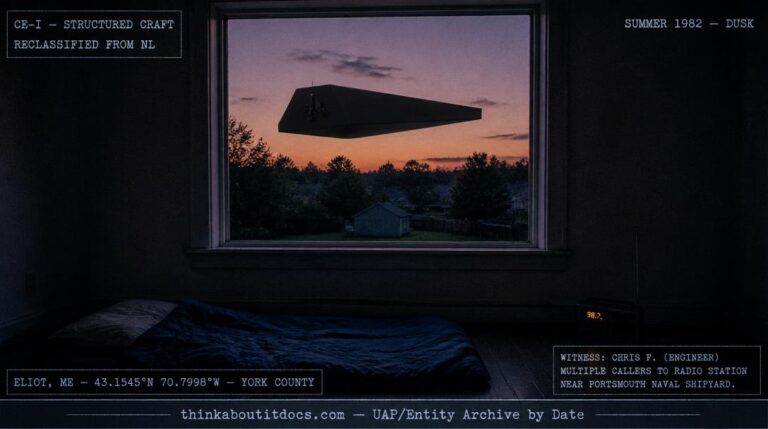 Dossier-style reconstruction of the summer 1982 Eliot Maine encounter showing a dull gun-metal black trapezoidal object hovering at second-story window height outside a bare curtainless bedroom window at dusk with a sleeping bag and transistor radio on the empty floor inside and amber-pink dusk sky framing the object's absolute blackness with HUD classification and witness credential stamps