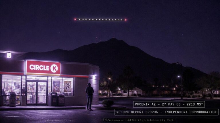 Dossier-style reconstruction of the May 27 2003 Phoenix cigar-shaped UFO sighting showing an elongated object with pinpoint white lights and red end-lights hovering above a mountain silhouette with a Circle K store and upward-gazing figure in the foreground