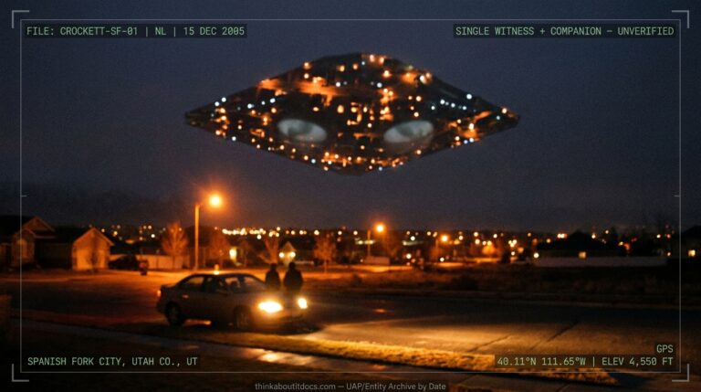 Reconstruction of the December 2005 Spanish Fork UFO sighting showing a massive diamond-shaped craft hovering above residential streets with projected city lights on its hull and two observers in a parked car below.