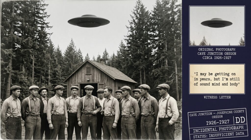 Dossier composite illustration of the 1926 to 1927 Cave Junction Oregon daylight disc photograph showing a group of volunteer firemen standing in front of a rural Oregon fire station with a dark disc-shaped object visible in the sky above them and analysis panels showing the photograph evidence and the witness letter fragment from El Disco publication