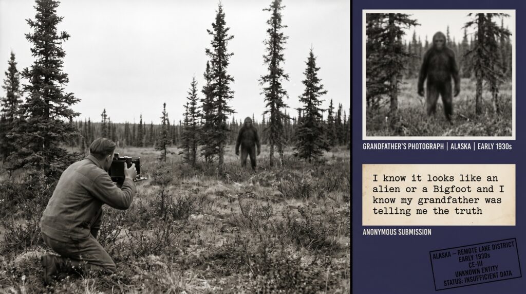 Dossier composite illustration of the early 1930s Alaska entity photograph case showing the grandfather crouching with a large format camera in remote Alaskan boreal wilderness as a deliberately ambiguous bipedal figure stands partially obscured between spruce trees thirty feet ahead with evidence panels showing the photograph reference and the anonymous grandchild submission letter fragment from UFOCasebook 2003