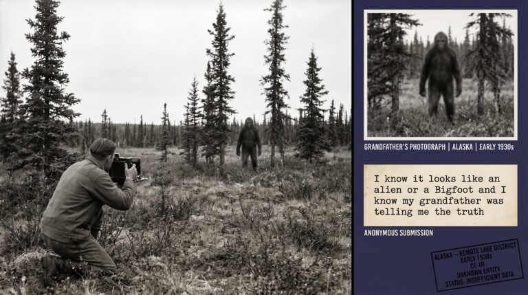 Dossier composite illustration of the early 1930s Alaska entity photograph case showing the grandfather crouching with a large format camera in remote Alaskan boreal wilderness as a deliberately ambiguous bipedal figure stands partially obscured between spruce trees thirty feet ahead with evidence panels showing the photograph reference and the anonymous grandchild submission letter fragment from UFOCasebook 2003